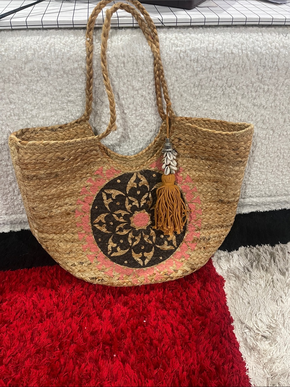 Bohemian Woven Jute Tote Bag with Pink & Black Medallion